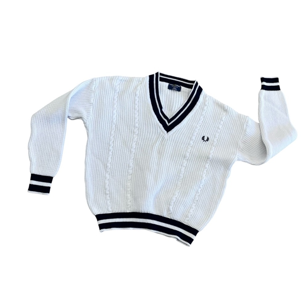 Fred Perry White Navy Cotton V-Neck Tennis Sweater Medium Made in England